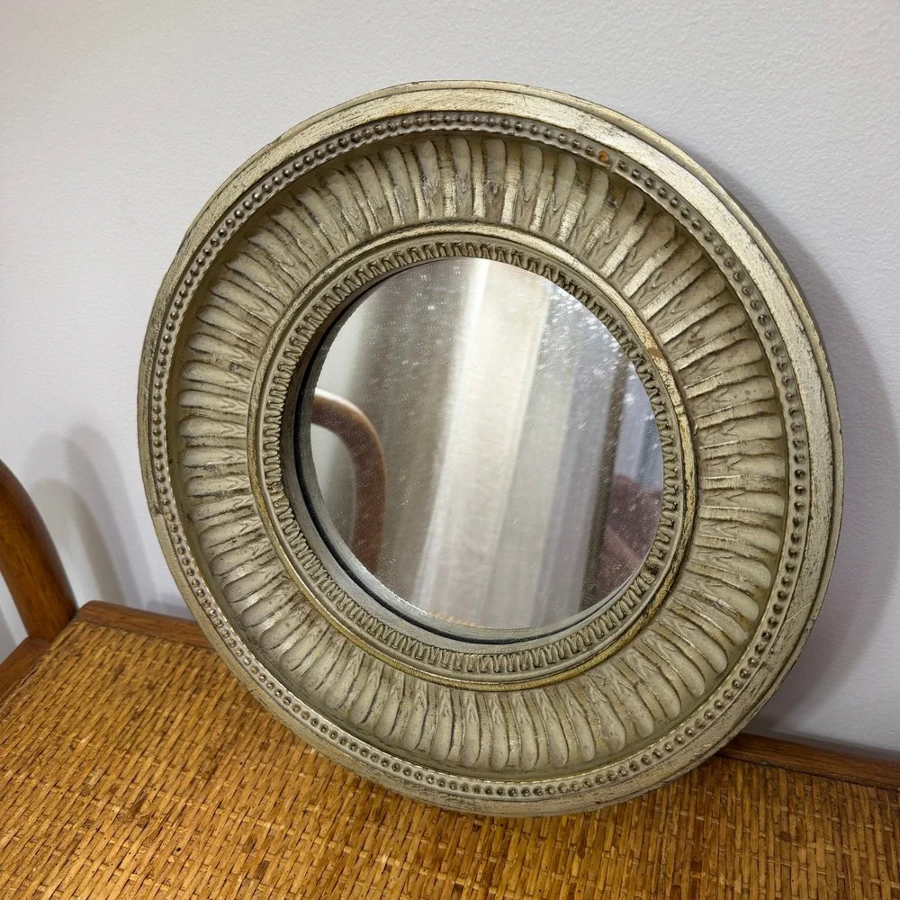 Vintage Sunburst Wall Mirror Cream Gold Ribbed Beaded Round Made in Mexico